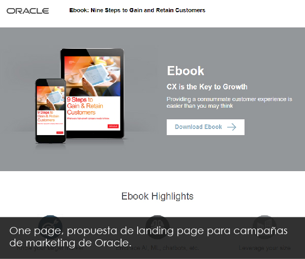 Landing pages campañas de marketing Oracle